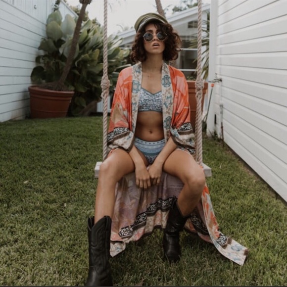 BOHO FLORAL Gypsy Bohemian Kimono Duster In Orange Pelican - Picture 7 of 12